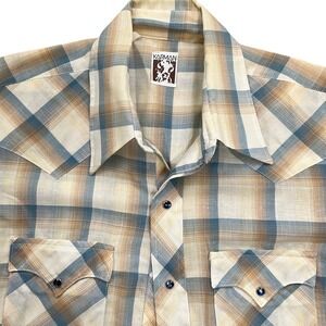 Karman Western Shirt Men L Tan Teal Plaid Short Sleeve‎ Cowboy Rodeo